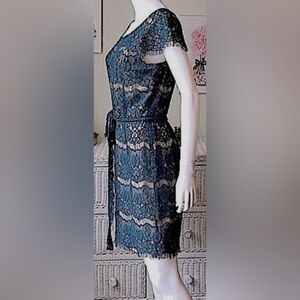 Anthropologie Maeve Mini Dress Sheer Cotton Lace Belted in Hunter Green size M